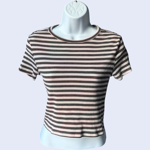 H&M Divided Ribbed Striped Baby Tee Crop Top Pink Black White M Y2K - Picture 1 of 4